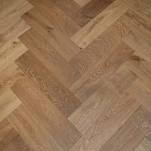 150mm x 14/3mm x 600mm Smoked Stain Oak Herringbone Engineered Click Flooring Brush & UV Oiled